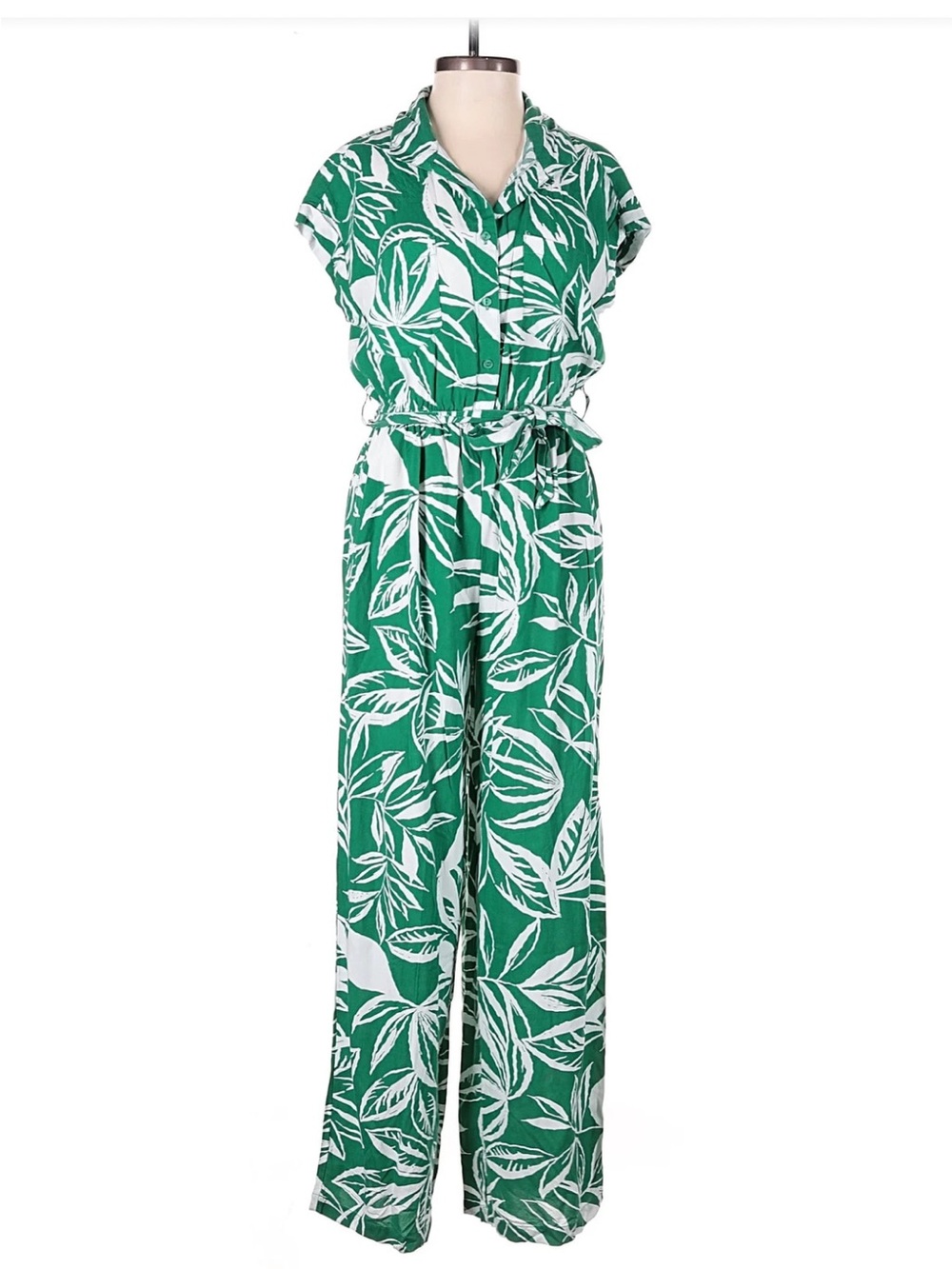 Sincerely Jules Green & White Tropical Leaf Print Collared Wide-Leg Jumpsuit M